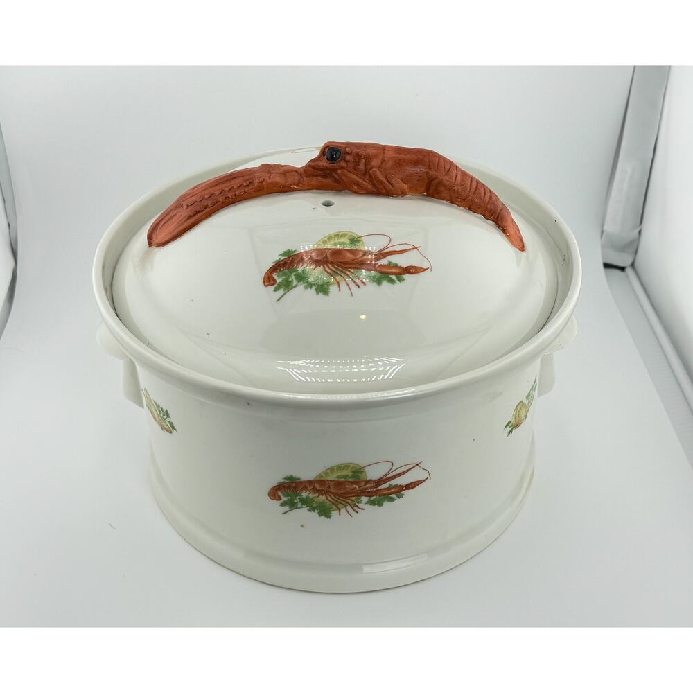 RARE French Hand Painted Crock Dish Porcelaine de France Mid‎ Century Seafood